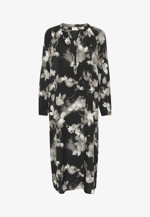 Czarna sukienka w kwiaty z długimi rękawami, guzikiem z przodu przy dekolcie oraz luźnym krojem. Posiada białe i szare wzory kwiatowe na miękkim materiale.
