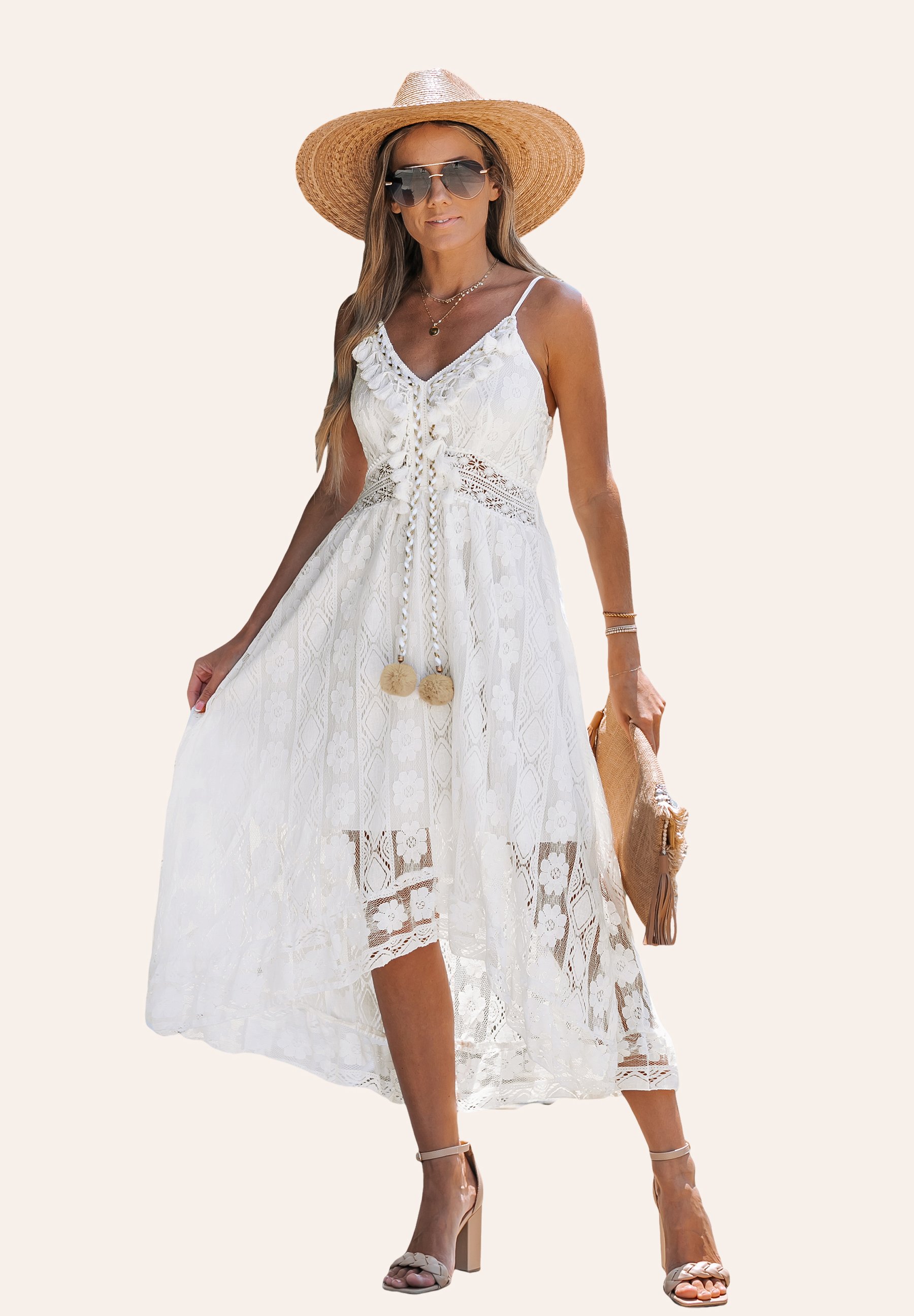 Cupshe ASTRID TASSEL RUCHING DRESS - Maxi dress - weiß/white - Zalando