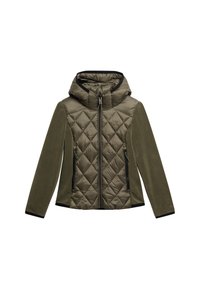 Olijfgroene jas met een doorgestikte voorkant, fleece mouwen en een capuchon. Voorzien van een zwarte rits en zakken, gladde textuur met contrasterende accenten.