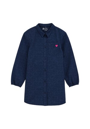 Chemise bleu marine avec un motif en spirale, devant à boutons, manches longues avec des poignets élastiques, et une petite broderie en forme de cœur rose.