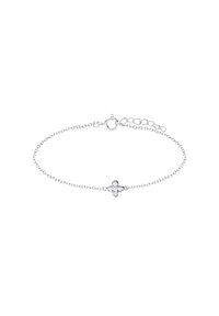 Zilveren schakelarmband met een centraal klaverdessin met vier heldere edelstenen, en een karabijnsluiting met een verstelbare verlengkettinkje.