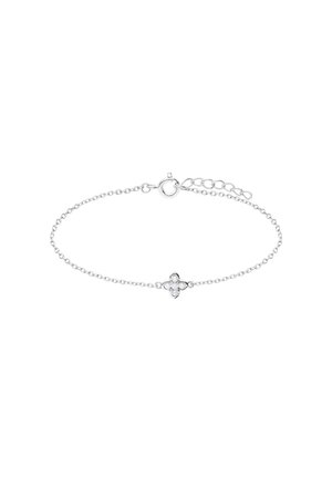 Silver chain bracelet with a central clover design featuring four clear gemstones, and a lobster clasp with an adjustable extension chain.