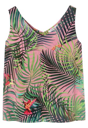Top senza maniche in tessuto rosa, con un motivo a foglie tropicali con accenti verdi e neri, e rifinito con colibrì ricamati.