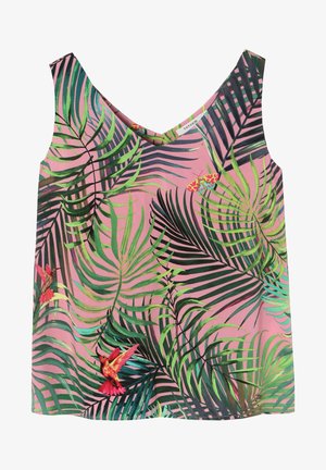 Sleeveless top in pink fabric, featuring a tropical leaf pattern with green and black accents, and detailed with embroidered hummingbirds.