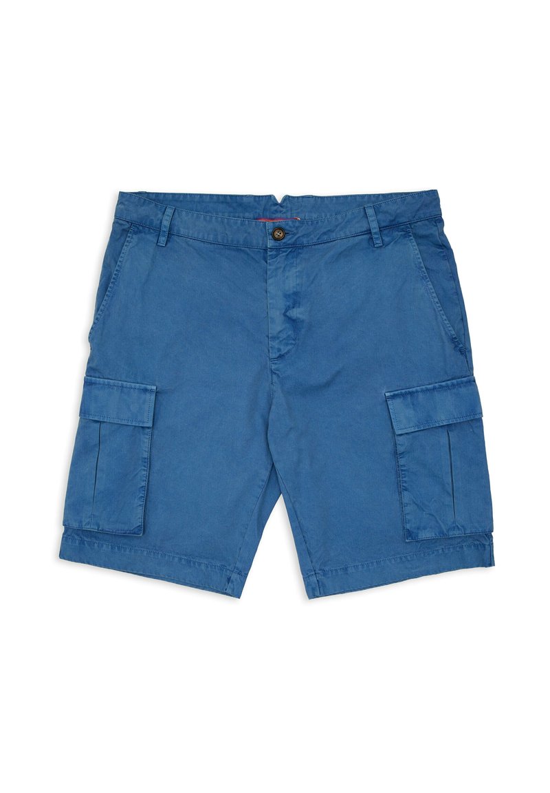 Pantaloni cargo blu in cotone con due tasche laterali e due tasche cargo, dotati di chiusura a pulsante e passanti per cintura, texture liscia.