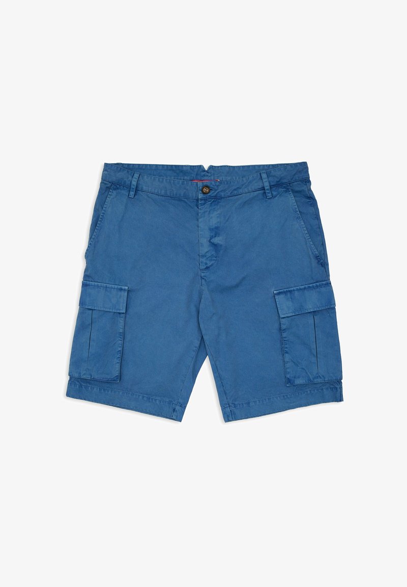 Pantaloni cargo blu in cotone con due tasche laterali e due tasche cargo, dotati di chiusura a pulsante e passanti per cintura, texture liscia.