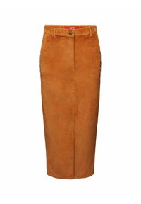 Samtrock in verbranntem Orange, knielang mit geradem Schnitt, mit einer vorderen Knopfleiste und strukturierten Rippungen im gesamten Design.
