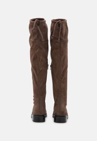 Botas marrones de ante por encima de la rodilla con parte superior de cordón elástico, cremalleras laterales y suelas planas negras. Textura suave y forma ajustada.