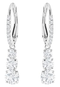 Silver hoop earrings with three hanging clear round crystals and a row of smaller crystals along the hoop for added detail.