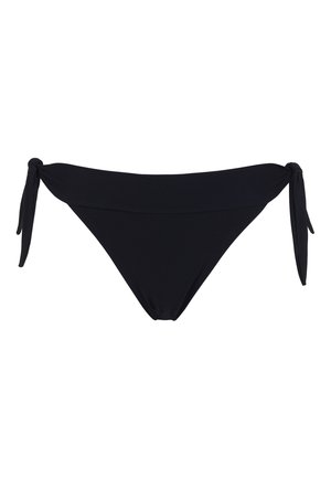 Black bikini bottom with a smooth texture, featuring tie-side straps, low-rise cut, and minimalistic design.