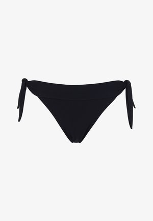 Black bikini bottom with a smooth texture, featuring tie-side straps, low-rise cut, and minimalistic design.