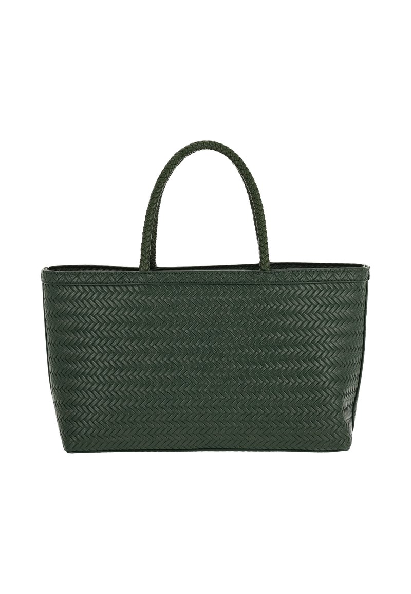 Bolsa de mano tejida de color verde con dos asas, forma rectangular, acabado texturizado y patrón espiga. Fabricada con material sintético.