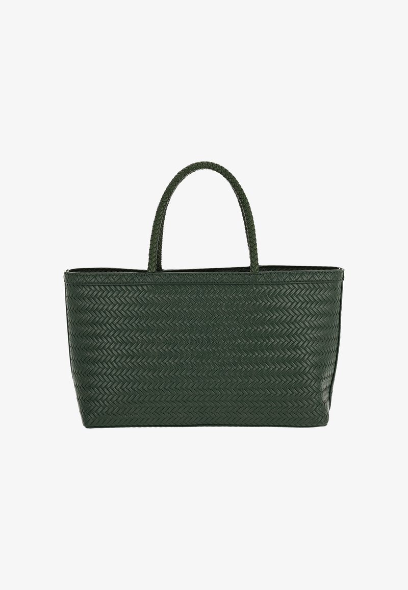 Bolsa de mano tejida de color verde con dos asas, forma rectangular, acabado texturizado y patrón espiga. Fabricada con material sintético.
