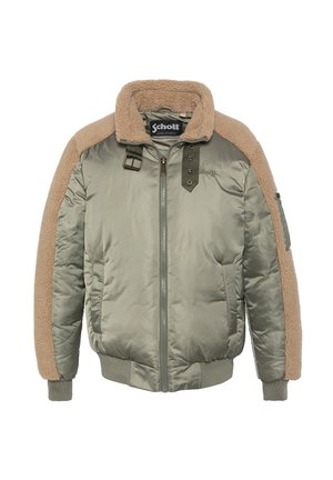 Groene bomberjack met een getextureerde tan fleece kraag en schouderaccenten. Voorzien van een ritssluiting aan de voorkant, zijzakken en hardware-details.