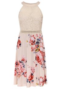 Květinové šaty s krajkovým živůtkem v krémové barvě, přiléhavým pasem s lattice detaily a rozšířenou sukní v svetle růžové barvě s vícebarevnými květy.