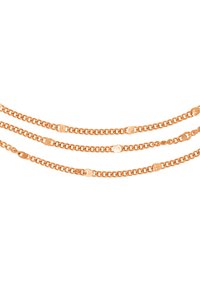 Collana a catena in oro rosa a strati con anelli texturizzati, alternando tra lisci e sfaccettati, con quattro filamenti di lunghezze diverse.