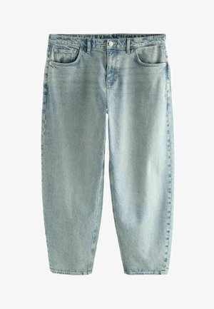 Hellblaue Denim-Jeans mit lockerer Passform, fünf Taschen, Knopfverschluss und subtilen Waschungen. Gerade geschnittenes Design mit Kontrastnähten.