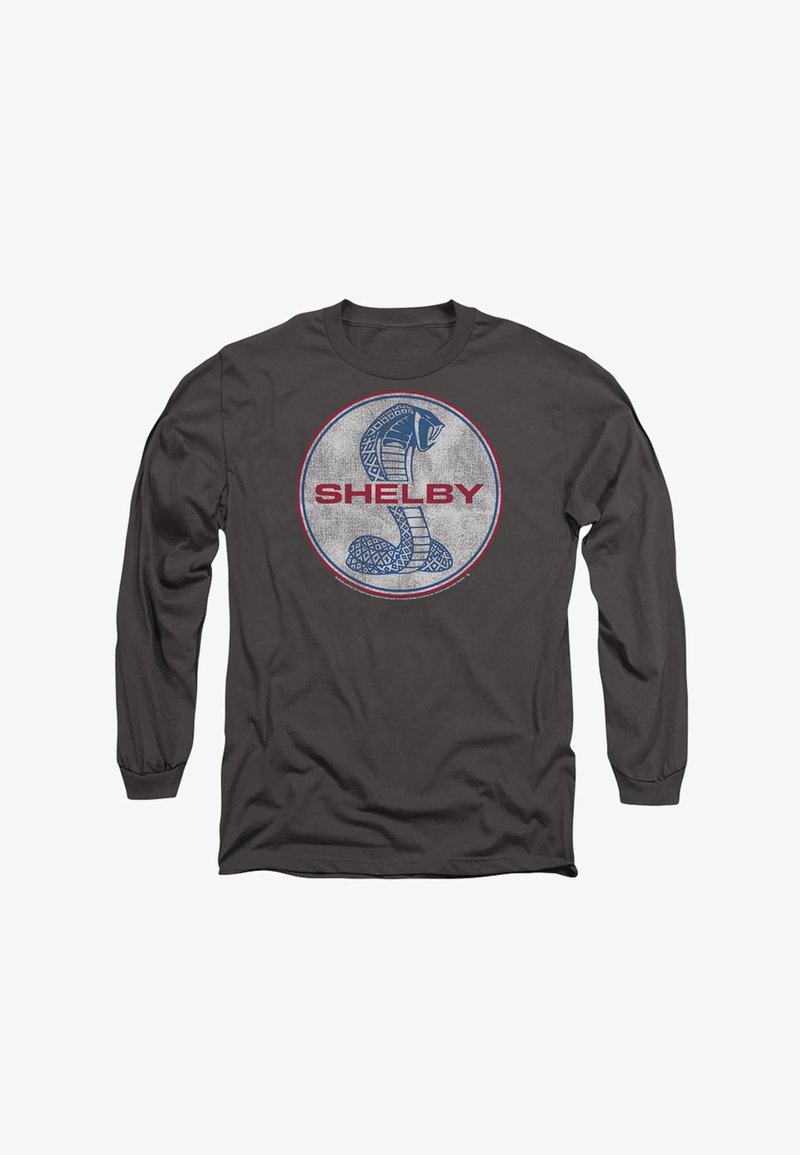 Langarmhemd in Dunkelgrau mit einem kreisförmigen Logo, das ein blaues Schlangenmotiv und den Text "SHELBY" in Rot zeigt. Aus Baumwolle, lässige Passform.
