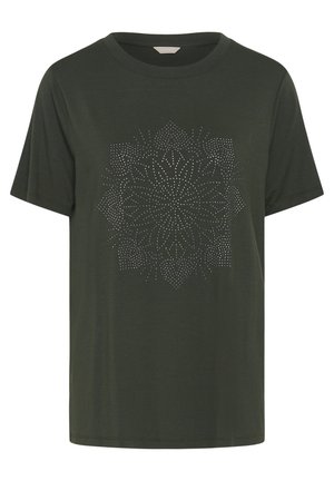 Sötétzöld rövid ujjú póló kerek nyakkivágással, az elején nagy, szimmetrikus virágminta apró ezüst szegecsekből.