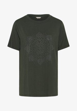 Sötétzöld rövid ujjú póló kerek nyakkivágással, az elején nagy, szimmetrikus virágminta apró ezüst szegecsekből.
