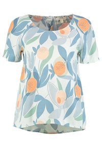Short-sleeve top in lightweight fabric featuring a floral pattern with orange and blue accents on a white background. Round neckline, relaxed fit.