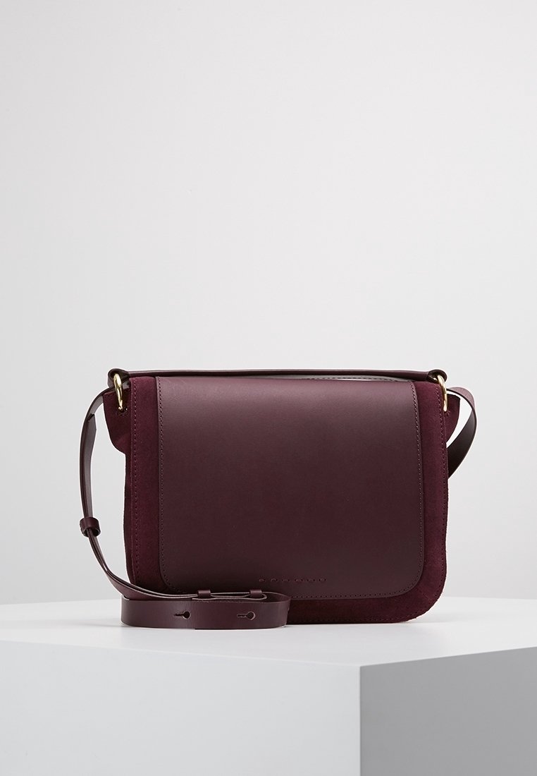 Borsa a tracolla in pelle maroon con parte anteriore liscia e lato in suede testurizzato. Presenta una tracolla rimovibile e dettagli in metallo dorato.