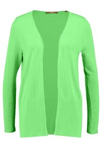 Green cardigan with open front, ribbed texture at hem and sleeves, lightweight fabric, and no fastenings. Ideal for layering.