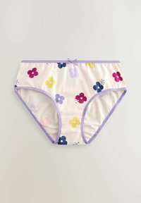 Culottes blanches pour femmes avec bordure violette, décorées d'imprimés floraux rouges, jaunes, bleus et lavande, avec un petit nœud violet à la taille.