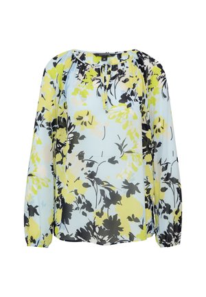 Bluzka z długim rękawem z lekkiego materiału, zdobiona kwiatowym wzorem w odcieniach żółtego, czarnego i jasnoniebieskiego. Zebrany dekolt z wiązaniami.