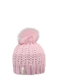 Pink knitted winter hat with ribbed pattern and large fluffy pom-pom on top, featuring a small fabric brand label.