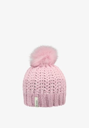 Pink knitted winter hat with ribbed pattern and large fluffy pom-pom on top, featuring a small fabric brand label.