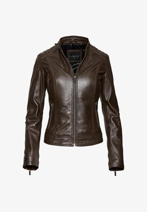 Rjava usnjena jakna s prilegajočim dizajnom, zadrgo, visokim ovratnikom in rebrastimi ramenimi detajli. Ima stranske žepe z zadrgo in gladko teksturo.