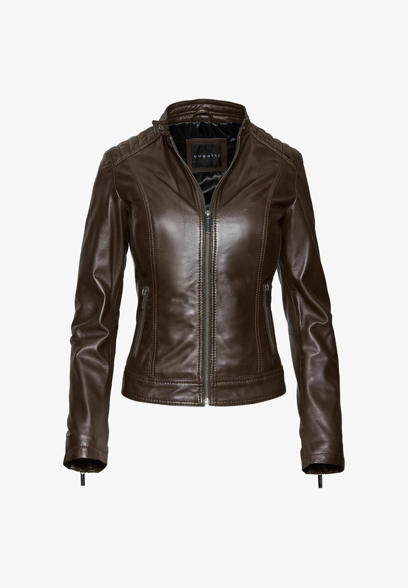 Pruun nahkkaater, millel on sobiv disain, luku sulgemine, kõrge krae ja soonikkoes õlavarre aksessuaarid. Omab külg-zipptaskuid ja sujuvat tekstuuri.