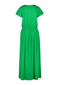 Zelené maxi šaty s krátkým rukávem, s přizpůsobeným pasem a splývavou látkou. Mají jednoduchý, nezdobený design pro snadné nošení.