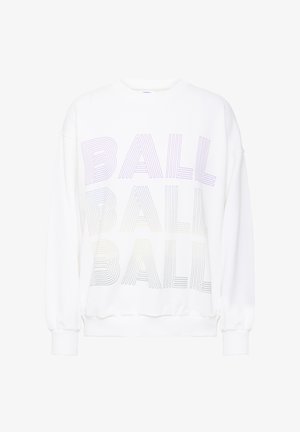 Sweatshirt blanc avec le mot "BALL" en plusieurs couleurs pastel dégradées, à coupe décontractée et avec des poignets côtelés.