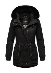 Black parka jacket with faux fur hood, drawstring waist, zip and snap closures, two front pockets, and textured lining detail.