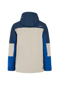 Gepolsterte Jacke mit Kapuze, mit einem beigen Körper, navy-blauen Schulterbereich und blauen Ärmeln. Enthält Logodetail auf dem oberen Rücken.