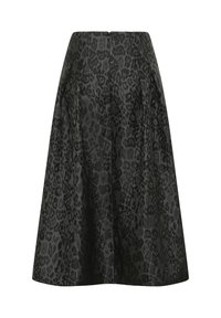Schwarze Midi-Rock mit dunklem Leopardenmuster und verdecktem Reißverschluss hinten, A-Linie Silhouette und subtil schimmerndem Stoff.