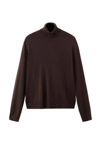 Pulover maro cu guler înalt, realizat dintr-un material tricotat moale, având mâneci lungi și croială lejeră, cu guler și tiv striați.