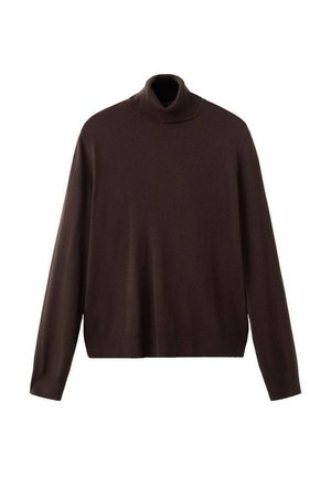 Rjavo pulover z ovratnikom iz mehke pletene tkanine, z dolgimi rokavi in sproščenim krojem, z rebrastim ovratnikom in robom.