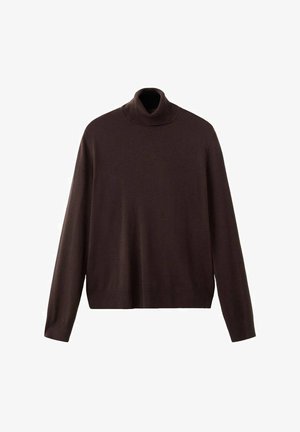 Brown turtleneck sweater made of soft knit fabric, featuring long sleeves and a relaxed fit, with a ribbed collar and hem.