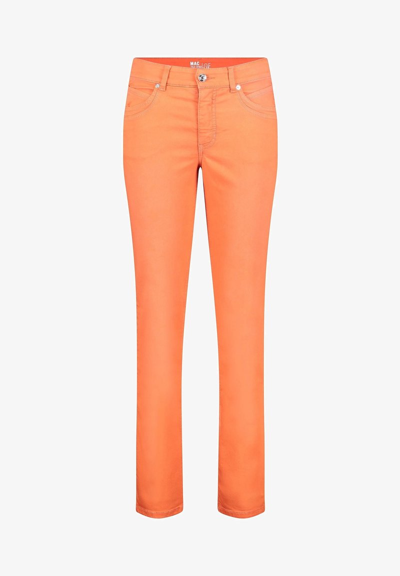 Pantalon slim orange vif avec bouton à l’avant, fermeture éclair, passants de ceinture et design à cinq poches, présenté sur un fond blanc uni.