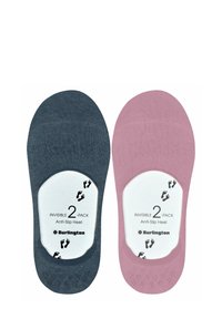 Dwie pary skarpetek kostkowych: jedna ciemnoszara i jedna jasnoróżowa. Cechy to gładka faktura i antypoślizgowy design pięty.