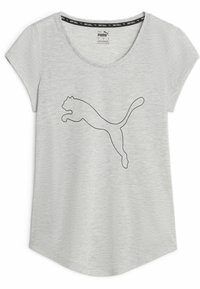 Camiseta de color gris claro con mangas cortas, que presenta un contorno negro de un logo de puma saltando. Textura suave, dobladillo redondeado.