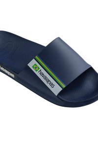 Marineblauwe Havaianas sandalenslipper van rubber, met een brede band met groene, gele en blauwe strepen en een gestructureerde voetbed.