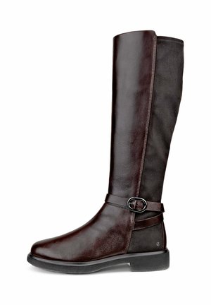 Knee-high brown leather boots with a smooth finish, a round toe, side buckle accent, and a textured fabric panel on the back.