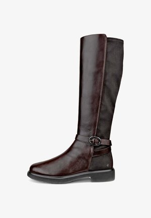 Bottes en cuir marron, hauteur genou, avec une finition lisse, un bout rond, un accent à boucle sur le côté et un panneau en tissu texturé à l'arrière.
