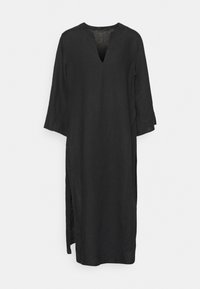 Abito midi nero a maniche lunghe con scollatura a V e spacchi laterali, realizzato in tessuto leggero, esposto su uno sfondo bianco.