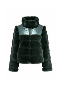 Zielona kurtka z futra sztucznego z błyszczącym paneliem w odcieniu teal, z zamkiem błyskawicznym, wysokim kołnierzem i puszystym krojem; charakteryzuje się kwadratową sylwetką i miękką teksturą.