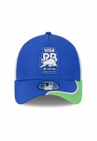 Blaues Cap mit gebogenem Schild, ausgestattet mit einem weißen Netzrücken. Zeigt ein Logo mit "Visa" und einem stilisierten Bullen auf der Vorderseite, akzentuiert mit grün.